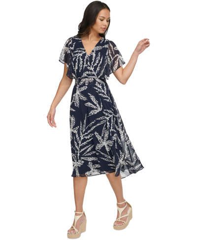 Shop Dkny Women's Printed Chiffon Flutter-sleeve Midi Dress In Navy,ivory