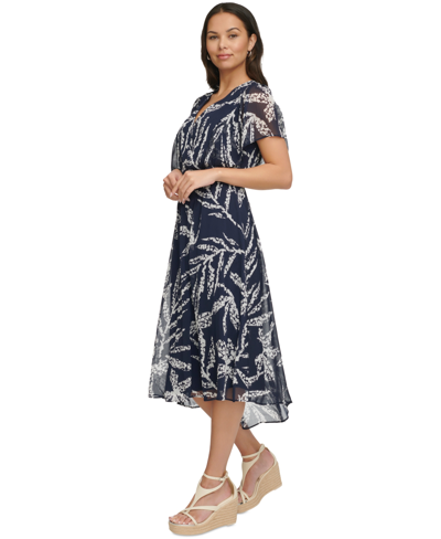 Shop Dkny Women's Printed Chiffon Flutter-sleeve Midi Dress In Navy,ivory