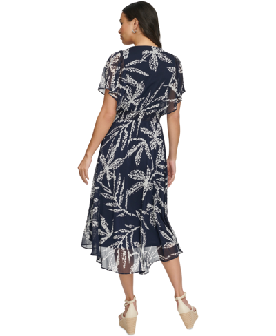 Shop Dkny Women's Printed Chiffon Flutter-sleeve Midi Dress In Navy,ivory