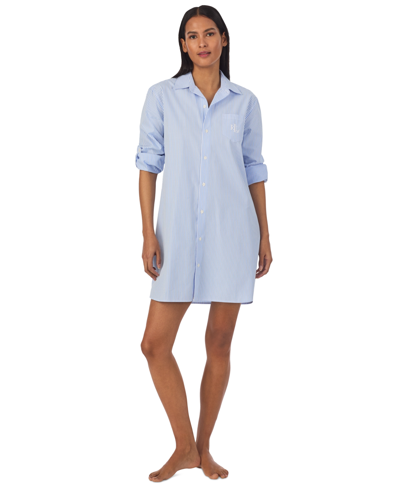 Shop Lauren Ralph Lauren Women's Long-sleeve Roll-tab His Shirt Sleepshirt In Blue Stripe
