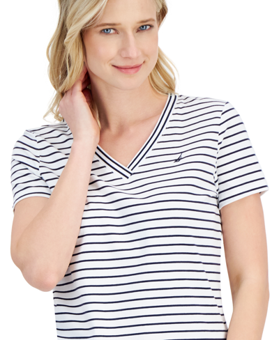 Shop Nautica Women's Striped V-neck Top In White
