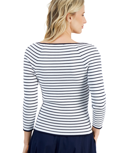 Shop Nautica Women's Striped Sweetheart-neck Sweater In Natural