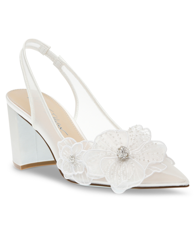 Betsey Johnson Sb-petra Ivory Mesh Satin Floral Rhinestone Slingback Pumps In Ivory