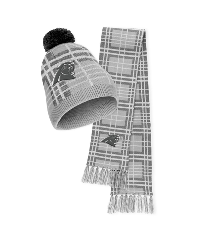 Shop Wear By Erin Andrews Women's  Carolina Panthers Plaid Knit Hat With Pom And Scarf Set In Gray