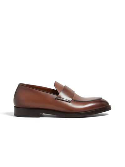 Zegna Light Brown Leather Torino Loafers In Light Brown