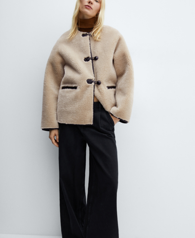 Shop Mango Women's Fur-effect Appliques Coat In Ecru