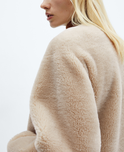 Shop Mango Women's Fur-effect Appliques Coat In Ecru