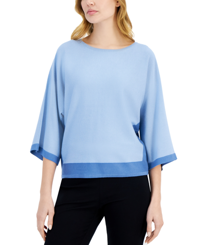 Shop T Tahari Women's 3/4-dolman-sleeve Contrast-trim Crewneck Sweater In Water Garden Blue  Cottage Blue