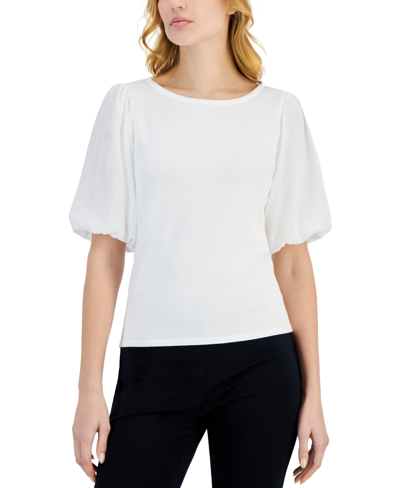 Shop T Tahari Women's Mixed-media Bubble-sleeve Boat-neck Sweater In White Star