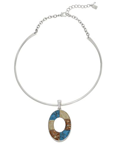 Shop Robert Lee Morris Soho Semi-precious Mixed Stone Oval Pendant Wire Necklace In Multi,silver