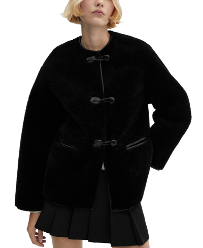 Shop Mango Women's Fur-effect Appliques Coat In Black