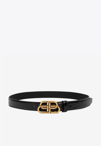 Shop Balenciaga Bb Buckle Thin Belt In Croc-embossed Leather In Black