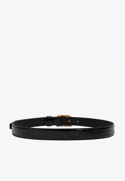 Shop Balenciaga Bb Buckle Thin Belt In Croc-embossed Leather In Black