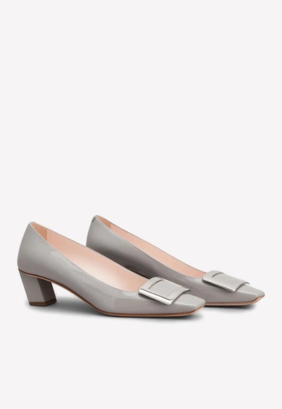 Shop Roger Vivier Belle Vivier 45 Metal Buckle Pumps In Patent Leather In Gray