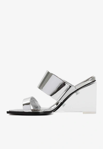 Shop Alexander Mcqueen 75 Double-strap Wedge Sandals In Metallic