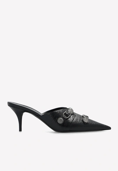 Shop Balenciaga Cagole 90 Pointed Mules In Lamb Leather In Black