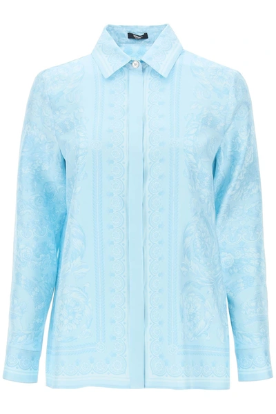 Shop Versace Barocco Shirt In Crepe De Chine In Light Blue