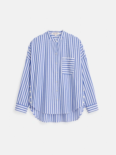 Shop Alex Mill Collarless Striped Shirt In Cotton In Blue/white