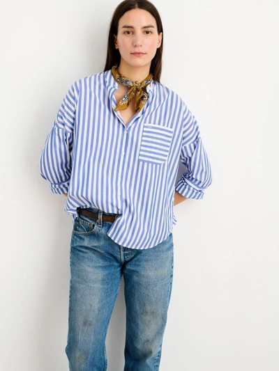 Shop Alex Mill Collarless Striped Shirt In Cotton In Blue/white