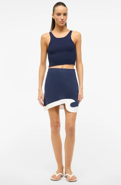 Shop Staud Leandro Trim Asymmetric Linen Miniskirt In Navy/ White