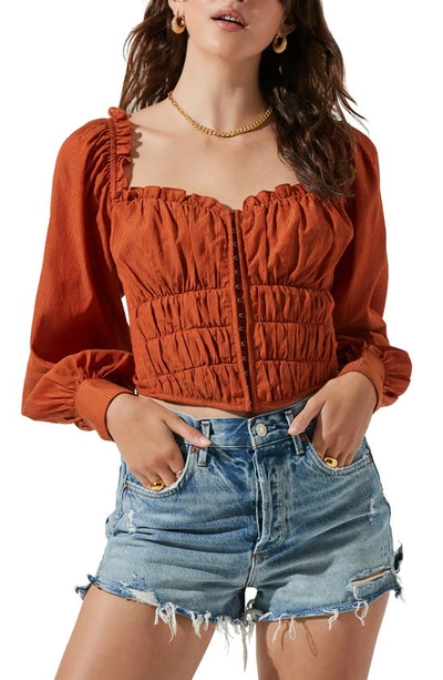 Shop Astr Amber Puff Sleeve Smocked Blouse In Rust