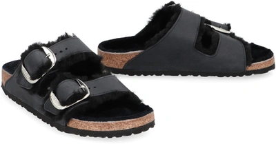 Shop Birkenstock Arizona Suede Shearling Slides In Black