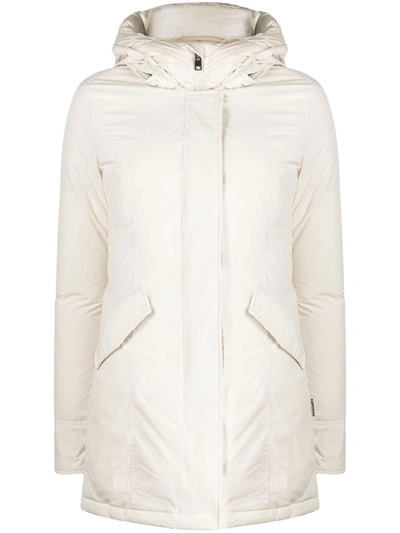 Shop Woolrich Hooded Padded Coat In Cream