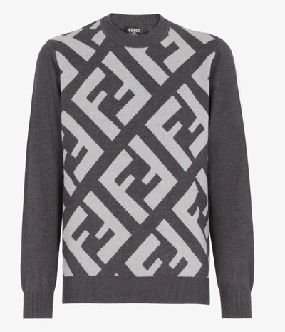 Shop Fendi Wool Pullover With Ff Pattern In Gray