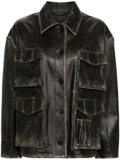 Shop Golden Goose Leather Jacket With Pockets Clothing In Brown