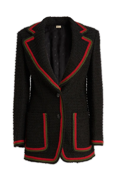Shop Gucci Web Motif Tweed Blazer Jacket In Black