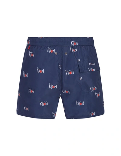 Shop Kiton Navy Swim Shorts With All-over Logo In Blue