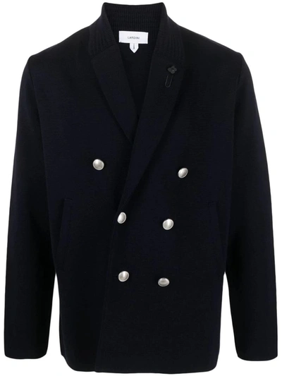 Shop Lardini Double-breasted Coat With Shawl Lapels In Blue