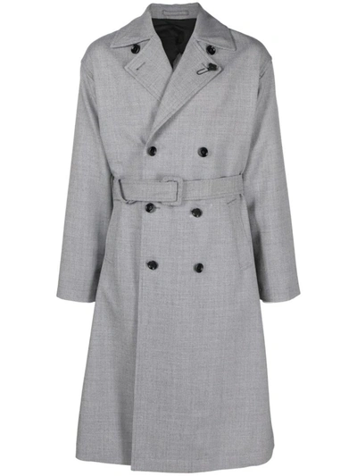 Shop Lardini Wool Trench Coat With Notched Lapels In Grey