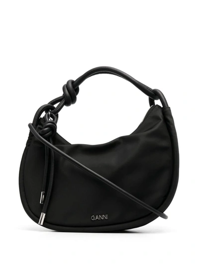Shop Ganni Knot Baguette Nylon Handbag In Black