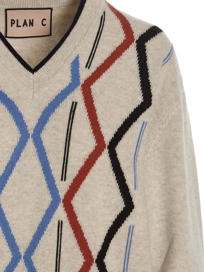 Plan C Geometric Pattern V-neck Knit Sweater In Multicolor