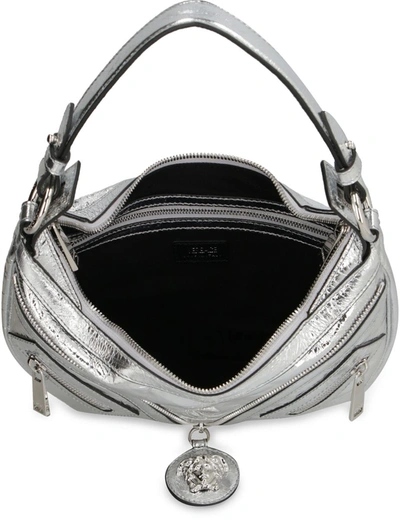 Shop Versace Repeat Leather Shoulder Bag In Silver