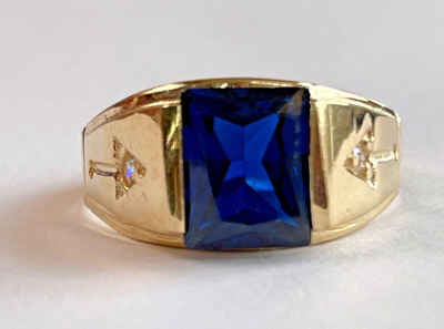 Pre-owned Roma 14k Gold Cubic Zirconia Blue Sapphire. Sparkling Pinky Ring Men's Fine Jewelry