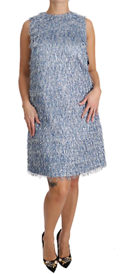 Pre-owned Dolce & Gabbana Elegant Light Blue Fringe Shift Dress