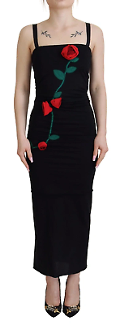 Pre-owned Dolce & Gabbana Black Sheath Bodycon Stretch Roses Dress