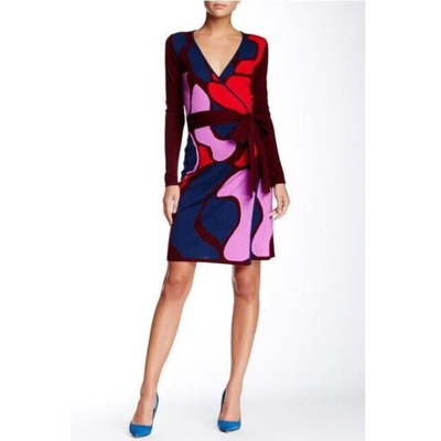 Pre-owned Diane Von Furstenberg Dvf Linda Rose Wool Wrap Dress Knit Printed Dress Size P In Pink