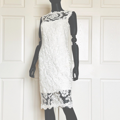 Pre-owned Tadashi Shoji Sequin Lace Cocktail Dress Embroidery Sheath Ivory Size 6 In White