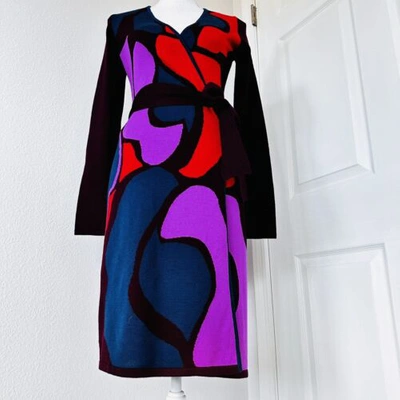 Pre-owned Diane Von Furstenberg Dvf Linda Rose Wool Wrap Dress Knit Printed Dress Size P In Pink