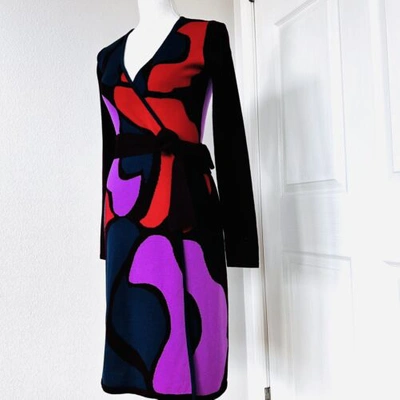 Pre-owned Diane Von Furstenberg Dvf Linda Rose Wool Wrap Dress Knit Printed Dress Size P In Pink