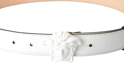 Pre-owned Versace Women's White 100% Leather Medusa Head Decorated Buckle Belt Us 34 It 85