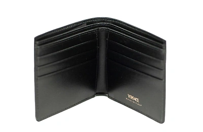 Pre-owned Versace Black Smooth Leather Gold Medusa Head Chain Logo Bifold Organizer Wallet