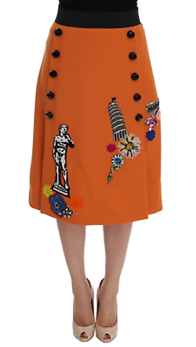 Pre-owned Dolce & Gabbana Embellished Wool Skirt In Vivid Orange