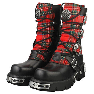 Pre-owned New Rock Rock Tartan Reactor Boots Unisex Tartan Black Platform Boots - 11 Us