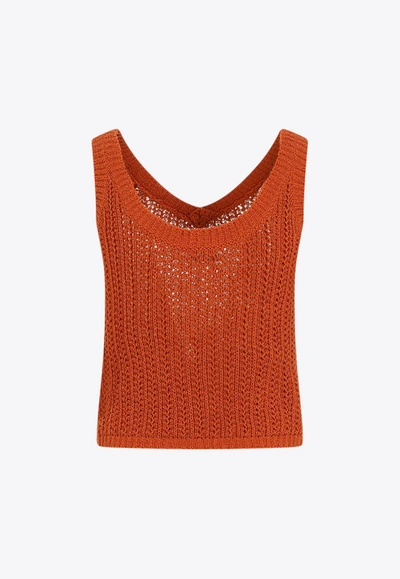 Max Mara Deep V-neck Sleeveless Top With Textured Knit In Brown