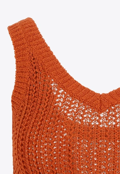 Max Mara Deep V-neck Sleeveless Top With Textured Knit In Brown