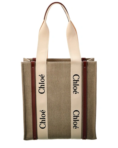 Shop Chloé Woody N/s Canvas & Leather Tote In Brown